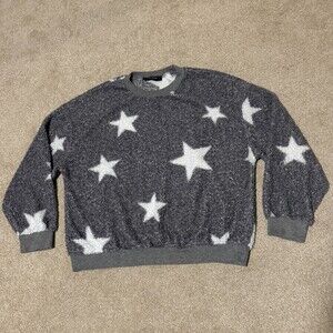 Knapp Studio Womens Fuzzy Tight Knit Sweater Crew Neck Gray w White Stars, Sz L